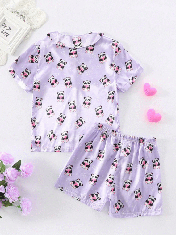 2pcs Tween GirlsCute Panda Print Comfortable Short Sleeve Cardigan Top And Shorts Pajama Set