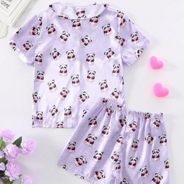 2pcs Tween GirlsCute Panda Print Comfortable Short Sleeve Cardigan Top And Shorts Pajama Set