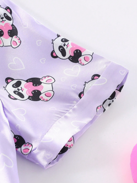 2pcs Tween GirlsCute Panda Print Comfortable Short Sleeve Cardigan Top And Shorts Pajama Set