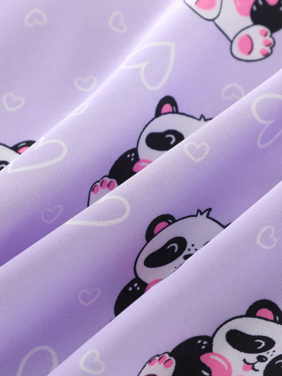 2pcs Tween GirlsCute Panda Print Comfortable Short Sleeve Cardigan Top And Shorts Pajama Set