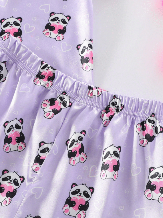 2pcs Tween GirlsCute Panda Print Comfortable Short Sleeve Cardigan Top And Shorts Pajama Set