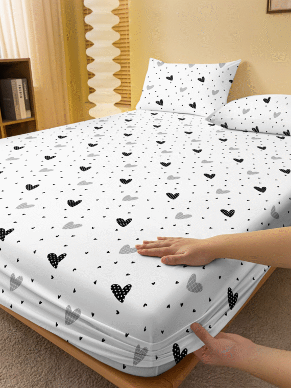 1pc Fashionable Minimalist Style Heart Printed Brushed Fitted Sheet Cover Dustproof Bedding For Dormitory Bedroom Home Textile