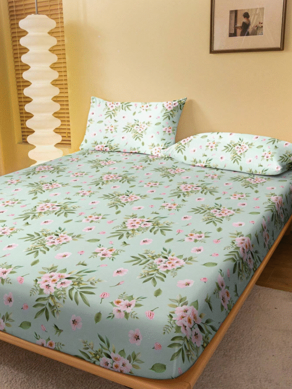 1pc Sakura Blossom Printed Brushed Fitted Sheet, Bedroom Printed Bed Cover, Bedding (Pillowcases Not Included)