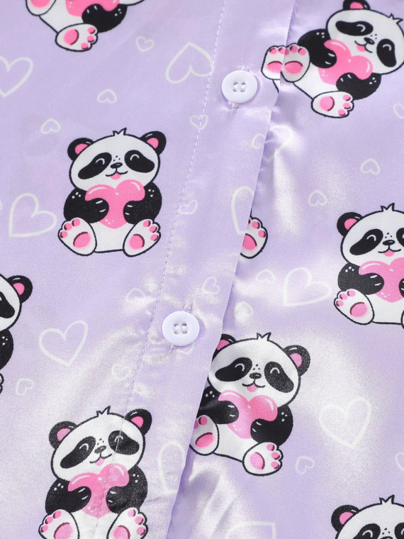 2pcs Tween GirlsCute Panda Print Comfortable Short Sleeve Cardigan Top And Shorts Pajama Set