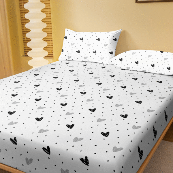 1pc Fashionable Minimalist Style Heart Printed Brushed Fitted Sheet Cover Dustproof Bedding For Dormitory Bedroom Home Textile