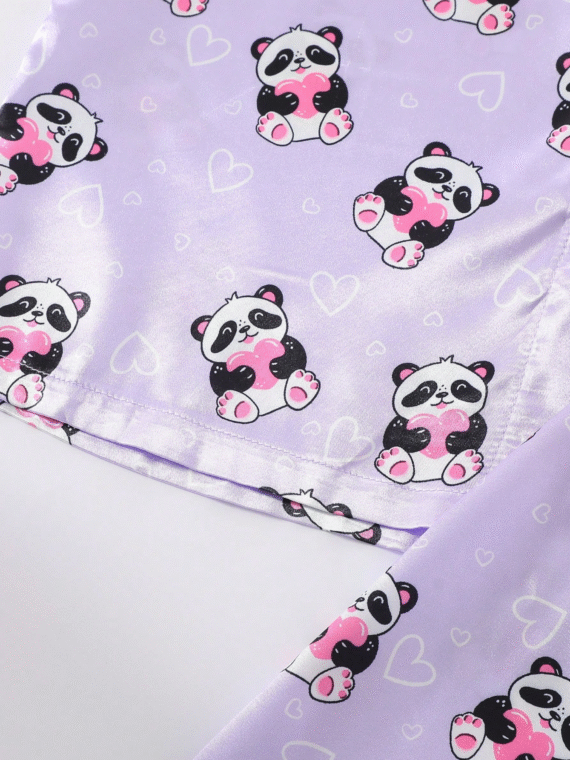 2pcs Tween GirlsCute Panda Print Comfortable Short Sleeve Cardigan Top And Shorts Pajama Set