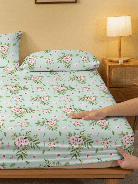 1pc Sakura Blossom Printed Brushed Fitted Sheet, Bedroom Printed Bed Cover, Bedding (Pillowcases Not Included)