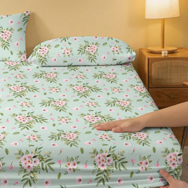 1pc Sakura Blossom Printed Brushed Fitted Sheet, Bedroom Printed Bed Cover, Bedding (Pillowcases Not Included)