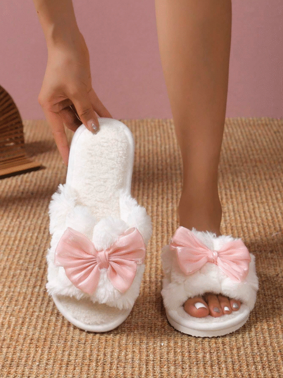 Bowknot Plush Warm Women's House Slippers, Comfortable Breathable Indoor Slippers For All Seasons Valentines