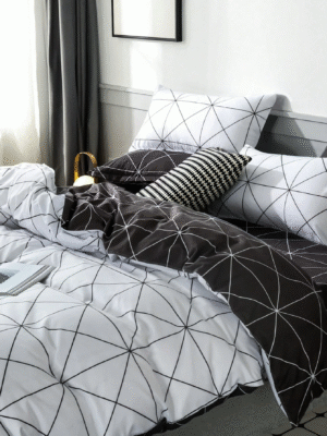 3pcs Nordic Style Line & Grid Pattern Printed Microfiber Duvet Cover Set, Simple, Fresh And Suitable For All Seasons
