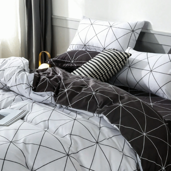 3pcs Nordic Style Line & Grid Pattern Printed Microfiber Duvet Cover Set, Simple, Fresh And Suitable For All Seasons