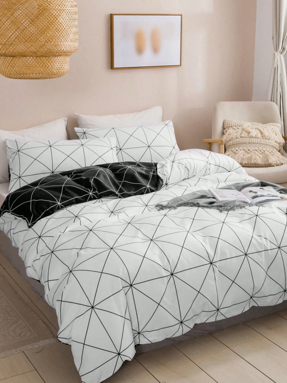 3pcs Nordic Style Line & Grid Pattern Printed Microfiber Duvet Cover Set, Simple, Fresh And Suitable For All Seasons