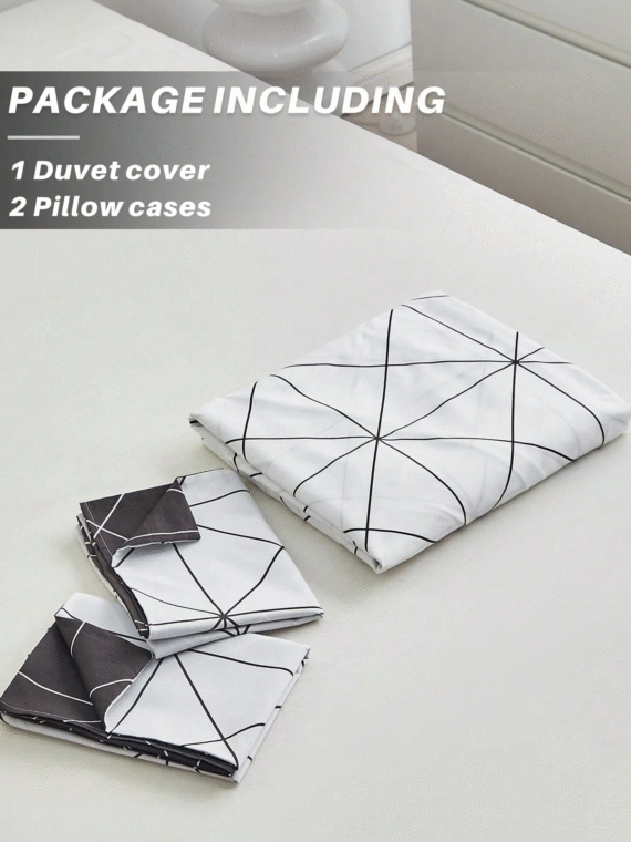 3pcs Nordic Style Line & Grid Pattern Printed Microfiber Duvet Cover Set, Simple, Fresh And Suitable For All Seasons