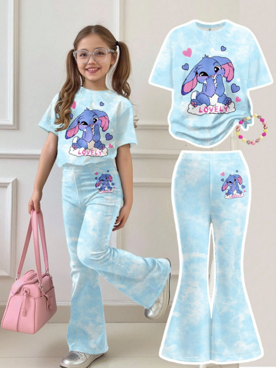 SHEIN Young Girl 2pcs Casual Cartoon Print Short Sleeve T-Shirt & Leggings Set, Comfortable Sport