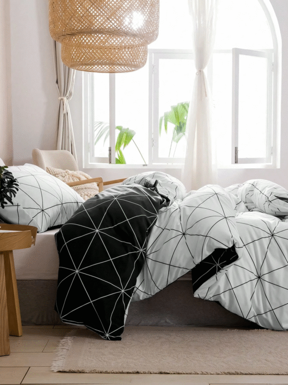3pcs Nordic Style Line & Grid Pattern Printed Microfiber Duvet Cover Set, Simple, Fresh And Suitable For All Seasons
