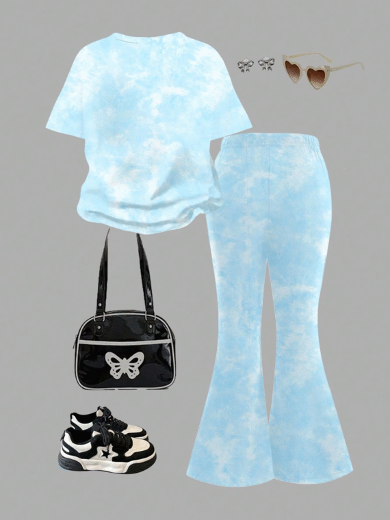 SHEIN Young Girl 2pcs Casual Cartoon Print Short Sleeve T-Shirt & Leggings Set, Comfortable Sport