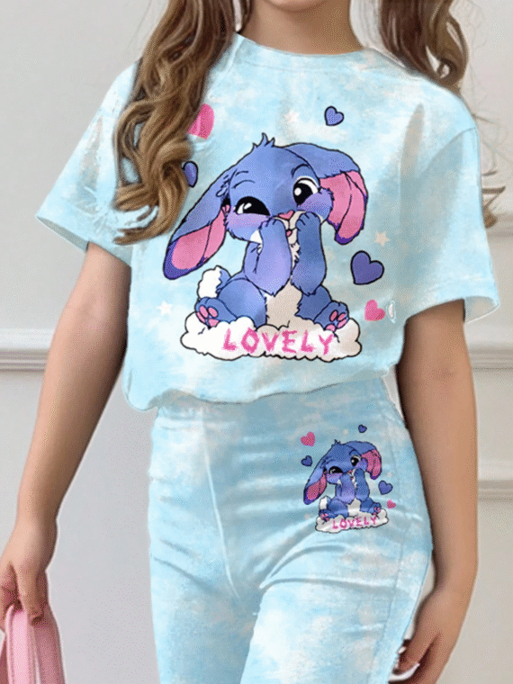 SHEIN Young Girl 2pcs Casual Cartoon Print Short Sleeve T-Shirt & Leggings Set, Comfortable Sport
