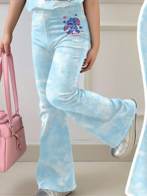 SHEIN Young Girl 2pcs Casual Cartoon Print Short Sleeve T-Shirt & Leggings Set, Comfortable Sport