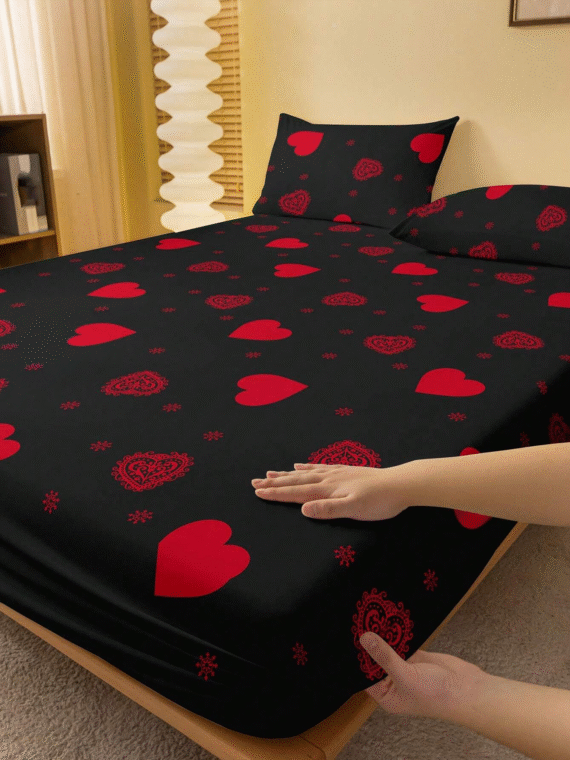1pc Love Pattern Printed Brushed Fitted Sheet, Bedroom Printed Bed Cover, Bedding (Pillowcases Not Included)