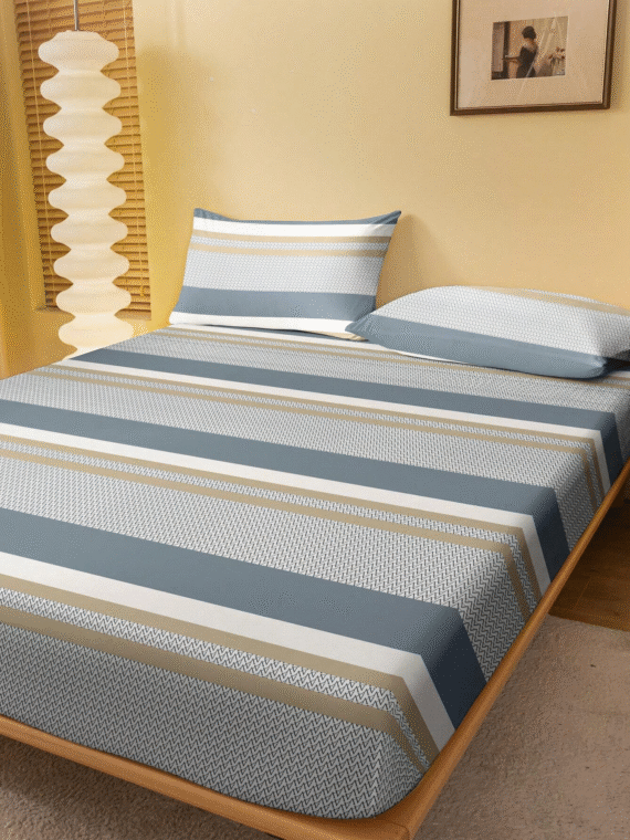 1pc Minimalist Modern Geometric Curve Striped Pattern Printed Brushed Fitted Sheet, Bedroom Printed Bedspread, Mattress Cover, Mattress Pad, Protective Cover, Bedding (Pillow Case Not Included)