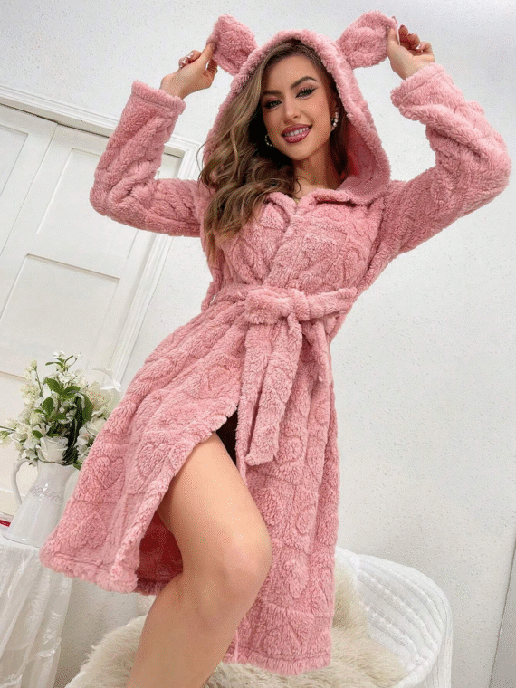 Women's 3d Ear Hooded Plush Robe