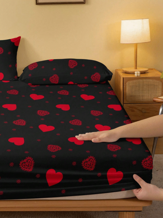1pc Love Pattern Printed Brushed Fitted Sheet, Bedroom Printed Bed Cover, Bedding (Pillowcases Not Included)