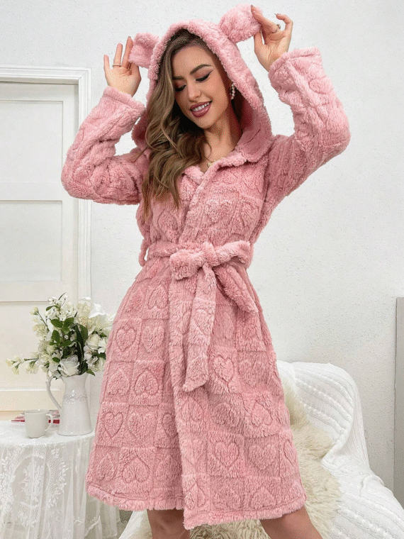 Women's 3d Ear Hooded Plush Robe