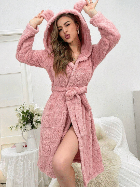 Women's 3d Ear Hooded Plush Robe