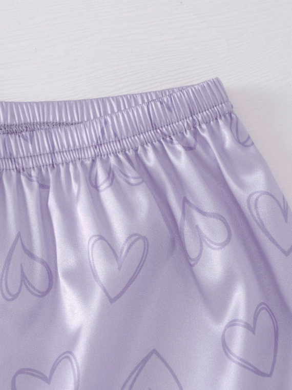 Tween Girl's Contrasting Piping Heart Satin Short-Sleeved Top & Shorts Pajama Set