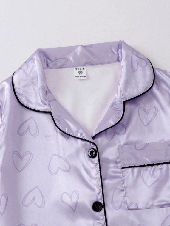 Tween Girl's Contrasting Piping Heart Satin Short-Sleeved Top & Shorts Pajama Set