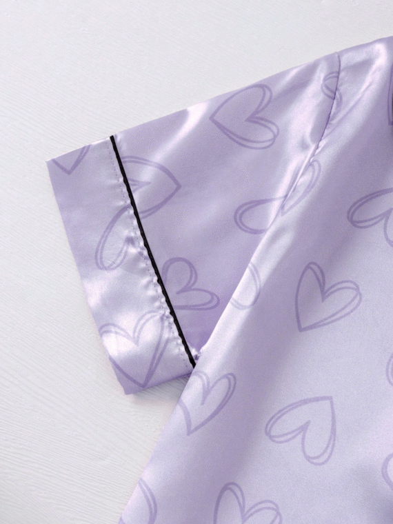 Tween Girl's Contrasting Piping Heart Satin Short-Sleeved Top & Shorts Pajama Set