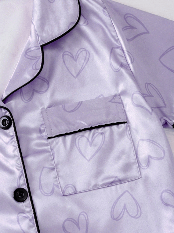 Tween Girl's Contrasting Piping Heart Satin Short-Sleeved Top & Shorts Pajama Set