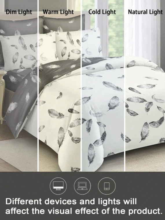 3pcs/Set Feather Pattern Duvet Cover Set(1 Duvet Cover & 2 Pillowcase)Soft And Skin-Friendly Duvet Cover Bedding Set For Home, All Season Bed Sheets Set