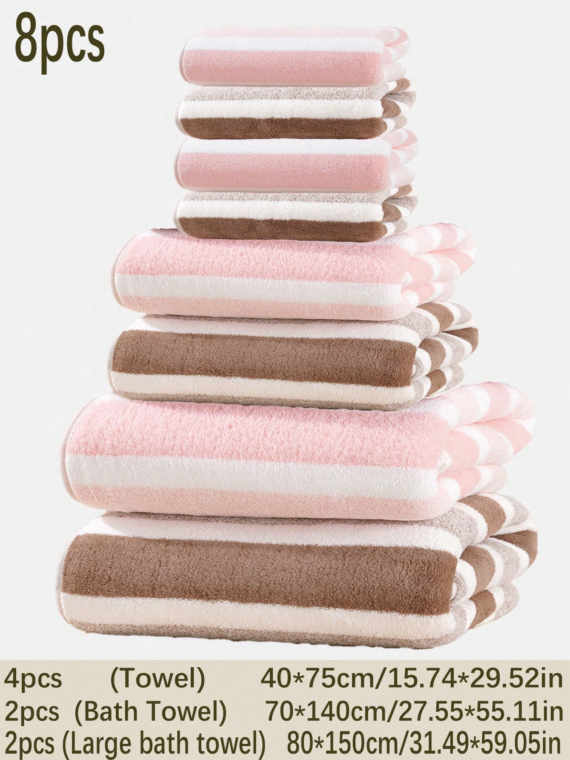 1/3/8pcs Coral Fleece Super Fine Fiber Non-Shedding Bath Towel/Face Towel, Soft Absorbent Striped Bathroom Towel, Suitable For Bathroom, Pool, Beach Back To School For Beauty Salon Home Bathroom