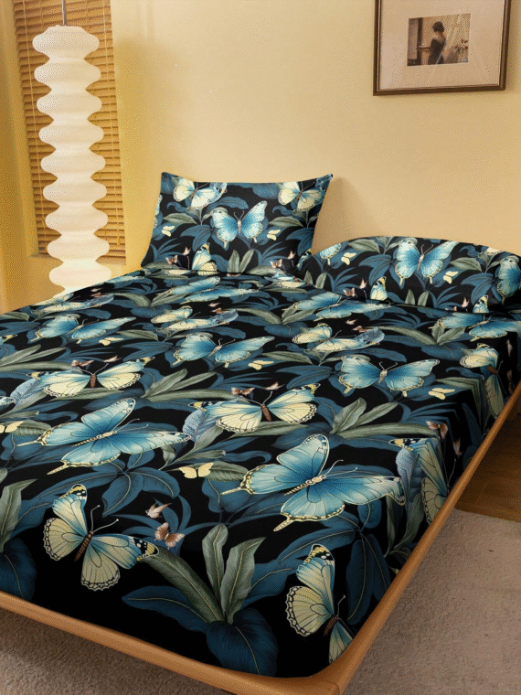 1pc Plant Floral & Butterfly Pattern Microfiber Fitted Sheet For Bedroom, Printed Bed Cover, Bedding (Pillow Case Not Included)