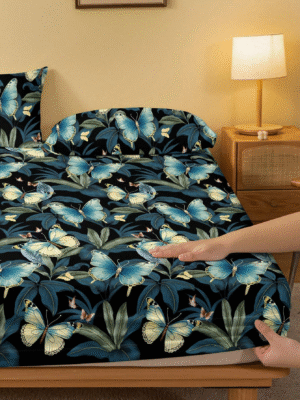 1pc Plant Floral & Butterfly Pattern Microfiber Fitted Sheet For Bedroom, Printed Bed Cover, Bedding (Pillow Case Not Included)