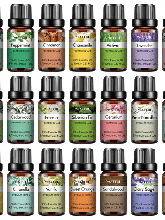 PHATOIL 1pc 10ml/0.33fl.Oz Essential Oils For Diffusers Humidifier Aromatherapy Massage Bath Relaxation, Lavender, Jasmine, Eucalyptus, Vanilla, Peppermint, Sandalwood, Frankincense, Sweet Orange, Ylang Ylang, Lemon, Rose, Bergamot, Tea Tree, Clove, Lemongrass, Patchouli, Rosemary, Geranium, Citronella, Cinnamon, Grapefruit, Chamomile, Clary Sage, Ginger, Myrrh, Tangerine, Thyme, Vetiver