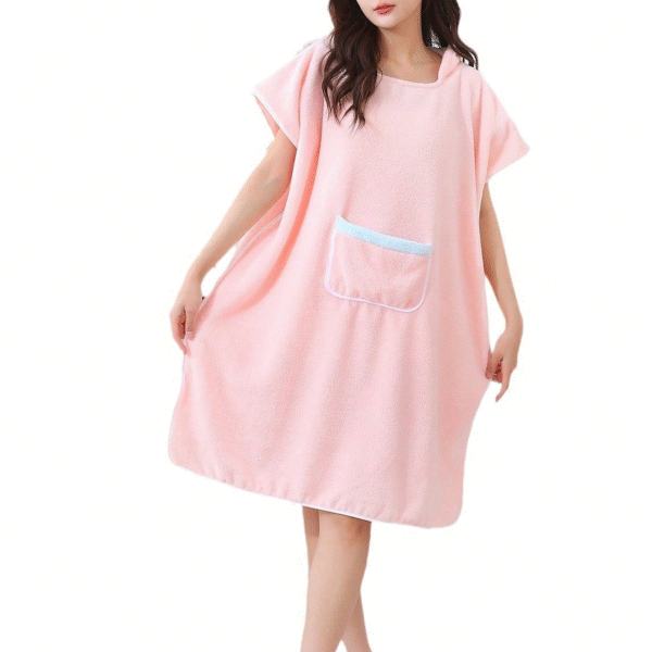 1pc Women Sleeveless Bathrobes, Hooded Beach Cover Up Robe With Towel, Thick Absorbent Coral Fleece Poncho Dress, Summer New Arrival