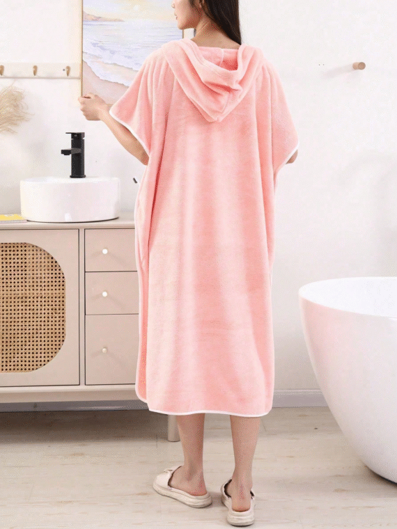 1pc Women Sleeveless Bathrobes, Hooded Beach Cover Up Robe With Towel, Thick Absorbent Coral Fleece Poncho Dress, Summer New Arrival